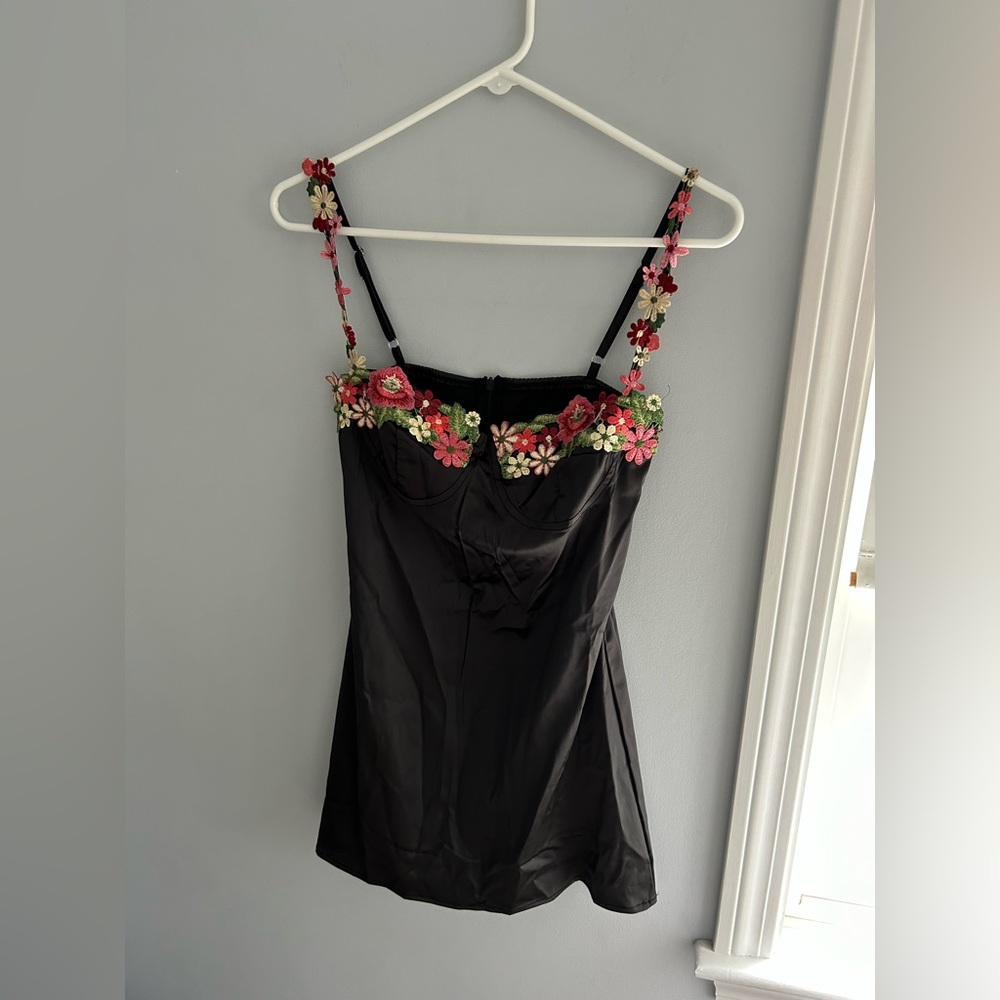 Satin Black Floral Embroidered Slip Dress XS
